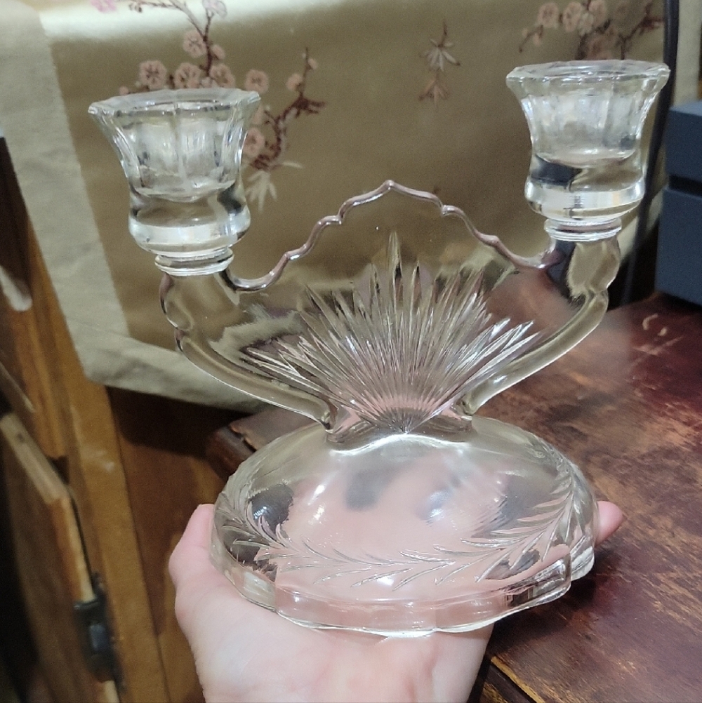 Vintage Clear Etched Glass Candle Holder